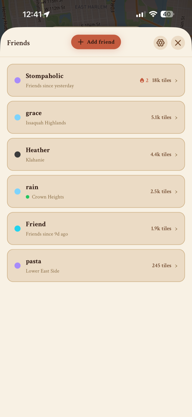 Stomped's friends list comparing tile counts across friends like grace, Heather, and rain