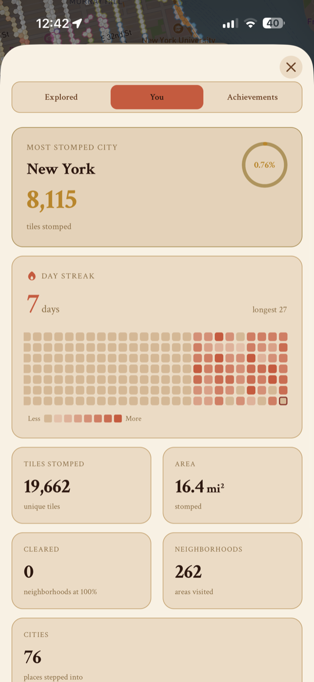 Stomped's stats screen showing 19,662 tiles stomped, a 7-day streak, 16.4 square miles walked, and 262 neighborhoods visited